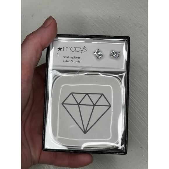 Macy’s Sterling Silver Emerald Cut CZ Stud Earrings NWT - Picture 3 of 4
